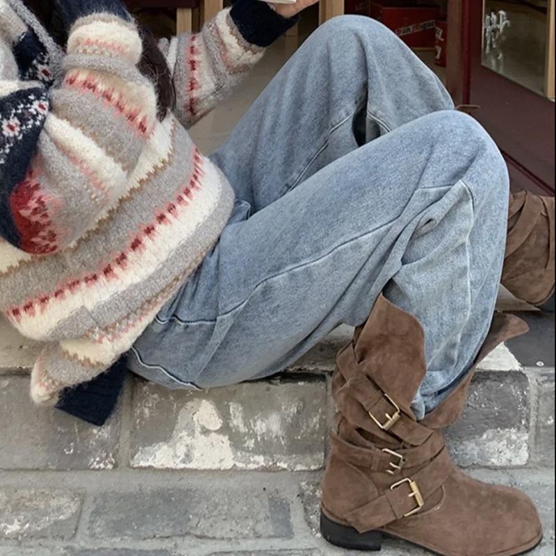 Cowhide version~ Korean niche belt buckle western cowboy boots women's matte two wear medium boots thick heel knight boots