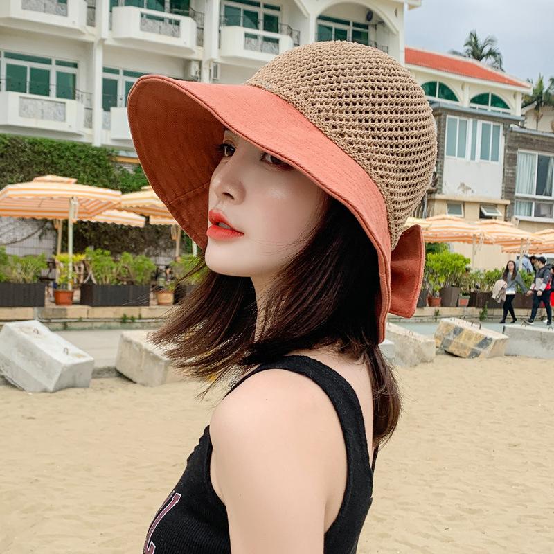 Sun hat large brim sun protection bucket hat foldable hollow splicing bow straw hat seaside vacation sun hat