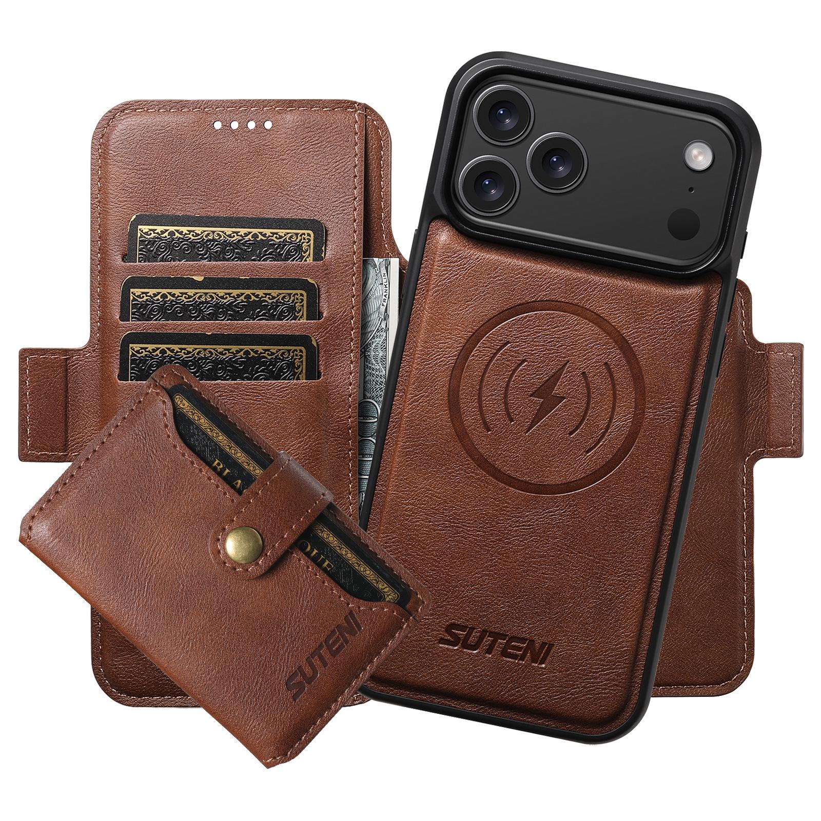 

Чехол-книжка для iPhone 17 Pro Max со слотом для карт, магнитная беспроводная зарядная подставка 3-в-1, отделка кожей iPhone 17 Pro Max коричневый