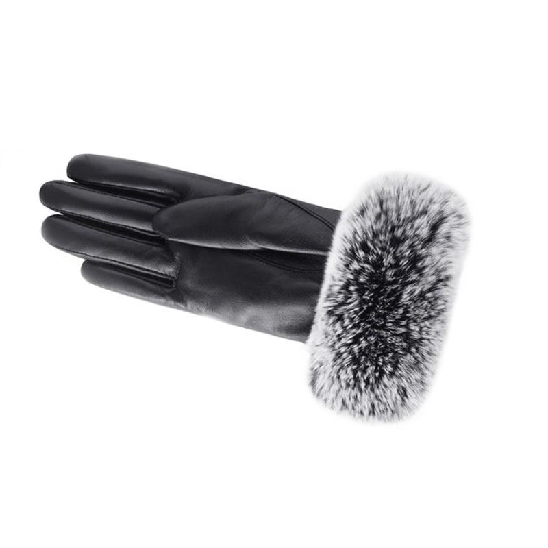 Dámské velké dotykové obrazovky ve tvaru V teplé plyšové kožené rukavice Zimní cyklistická móda Černé PU kožené rukavice