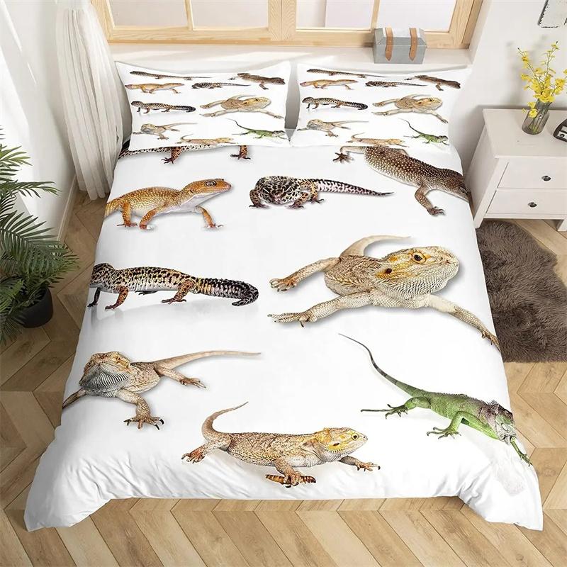 Lizard Duvet Cover Set Reptile Bedding Sets King Size for Boys Girls Toad Tropical Animal Purple Floral Exotic Comforter Cover