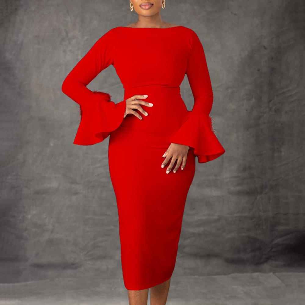 Office Ladies Dresses Elegant o Neck Flare Sheath Package Hips Mid Calf Formal Business Work Wear Dress Robe