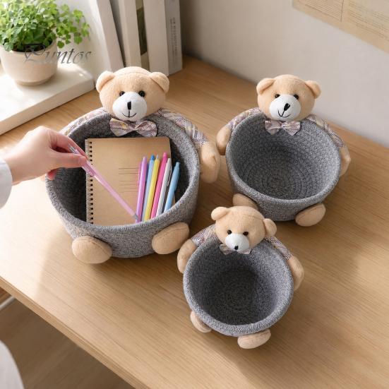 Gentle Color Storage Basket Desktop Basket, Cartoon Plush Bear And Rabbit Rope Decorative Plaid Bow Organizer Shape, Woven for Small Items Jewelry