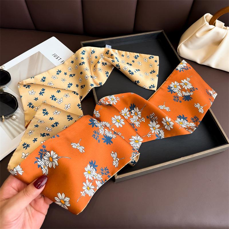 Spring and Summer Flower Double-layer Scarf, Streamer Strap, Bag Decoration, Suit Scarf, Small Long Headband, Silk Scarf, Women's Printing Is Narrow a