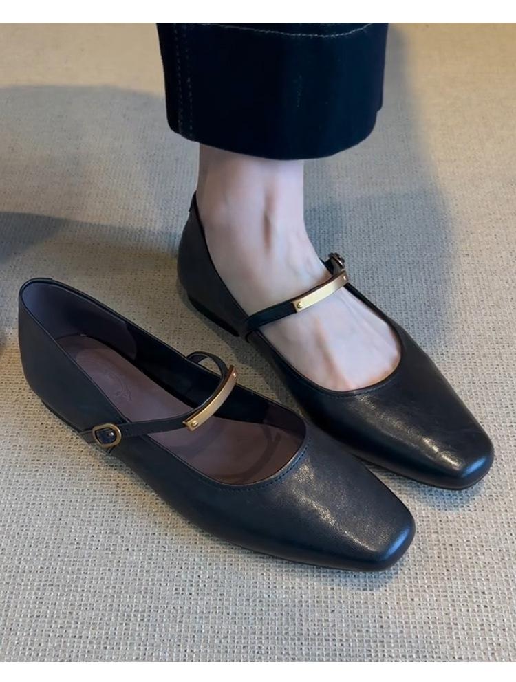 

Soft leather version~ Shallow mouth one-word buckle black Mary Jane shoes women s retro flat-bottomed comfortable versatile square head small single s 35 чёрный