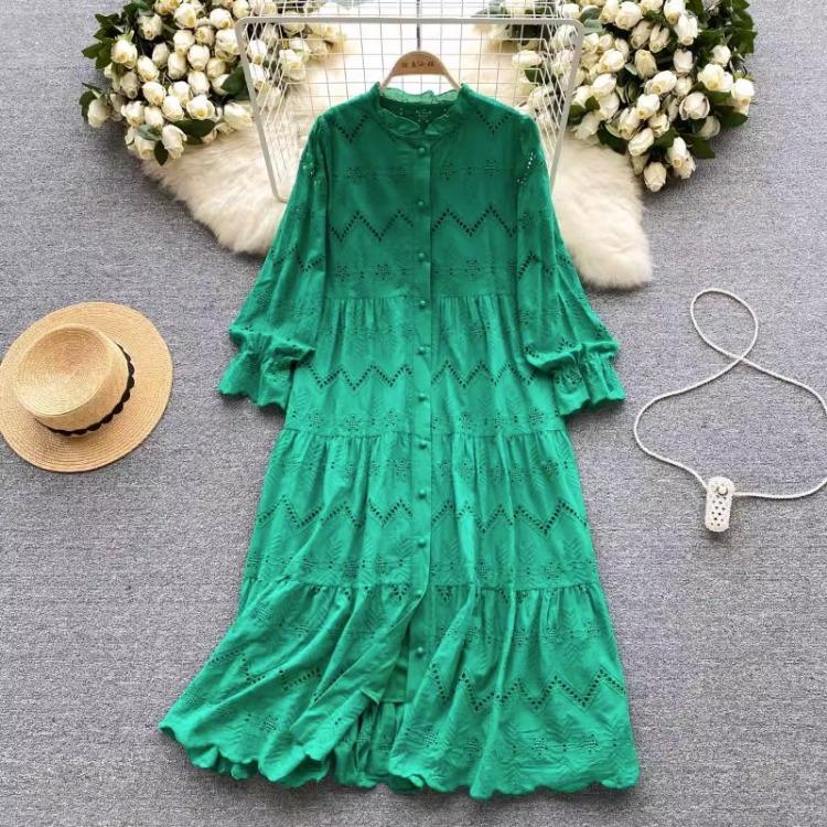 Sexy Hollow Out Lace Dress for Women Summer Sweet O Neck Long Sleeve Mid Length A Line Dresses