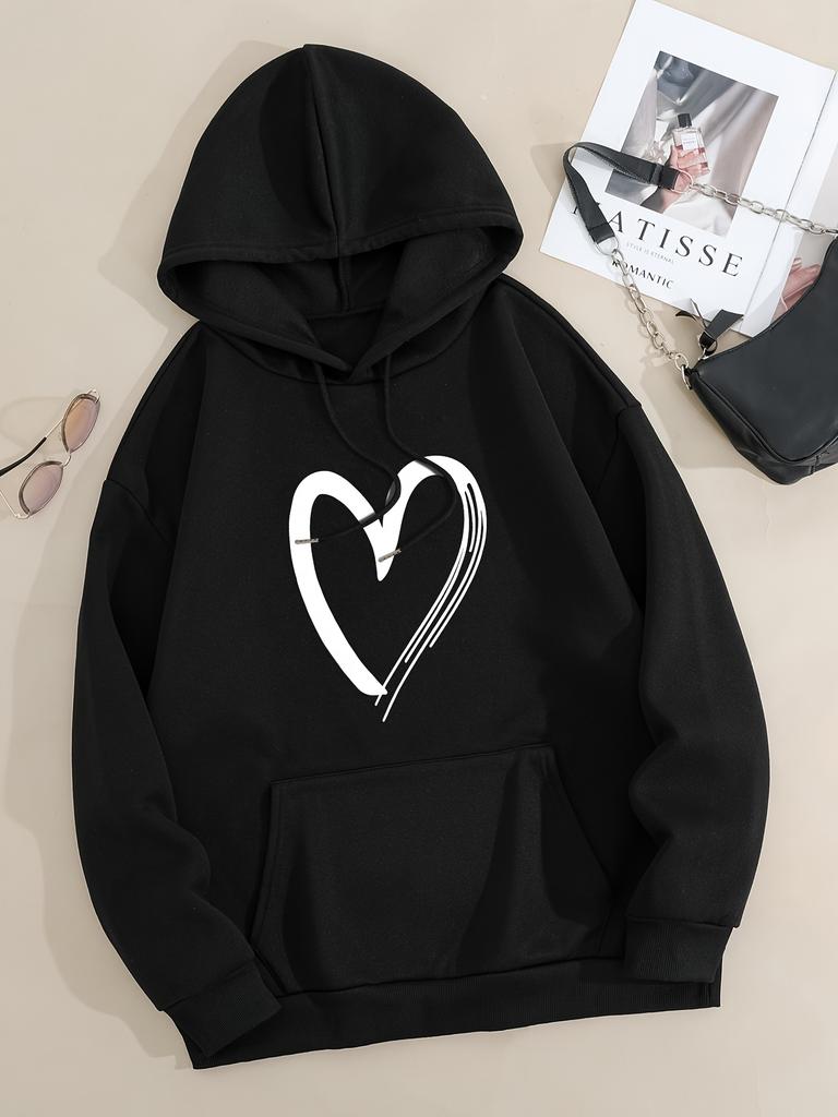 Heart Print Drawstring Hoodie, Casual Long Sleeve Kangaroo Pocket Hoodie Sweatshirt, Women's Clothing