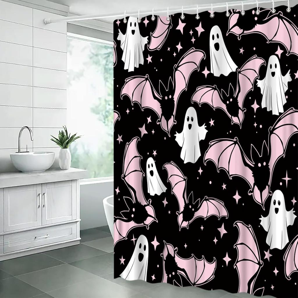 Halloween Shower Curtain Black White Ghost Pink Bat Stars Funny Cartoon Spooky Scary Horror Happy Halloween Holiday Fabric