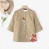 ZANZEA Women Striped Shirt Stand Collar 3/4 Sleeve Print Button Down Casual Blouse Tops
