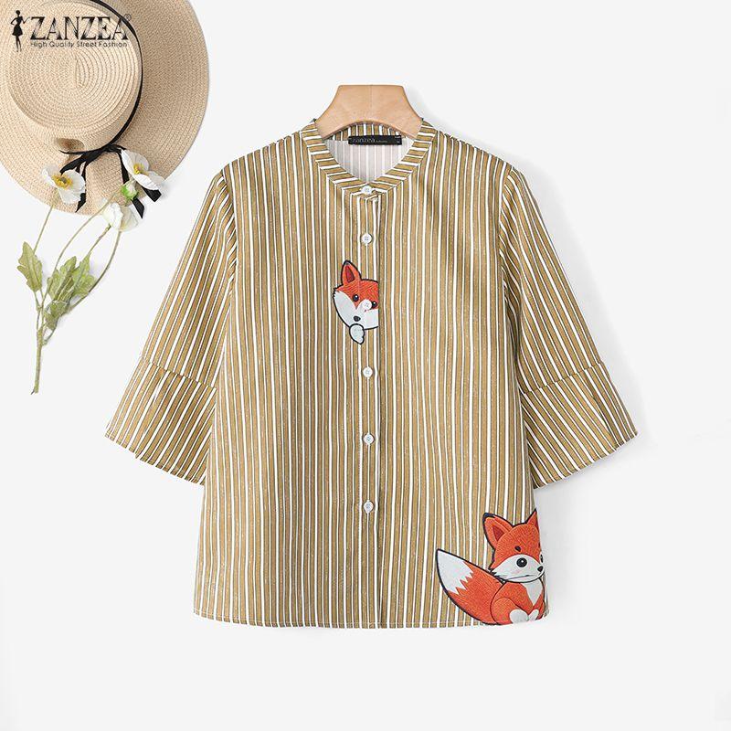 ZANZEA Women Striped Shirt Stand Collar 3/4 Sleeve Print Button Down Casual Blouse Tops