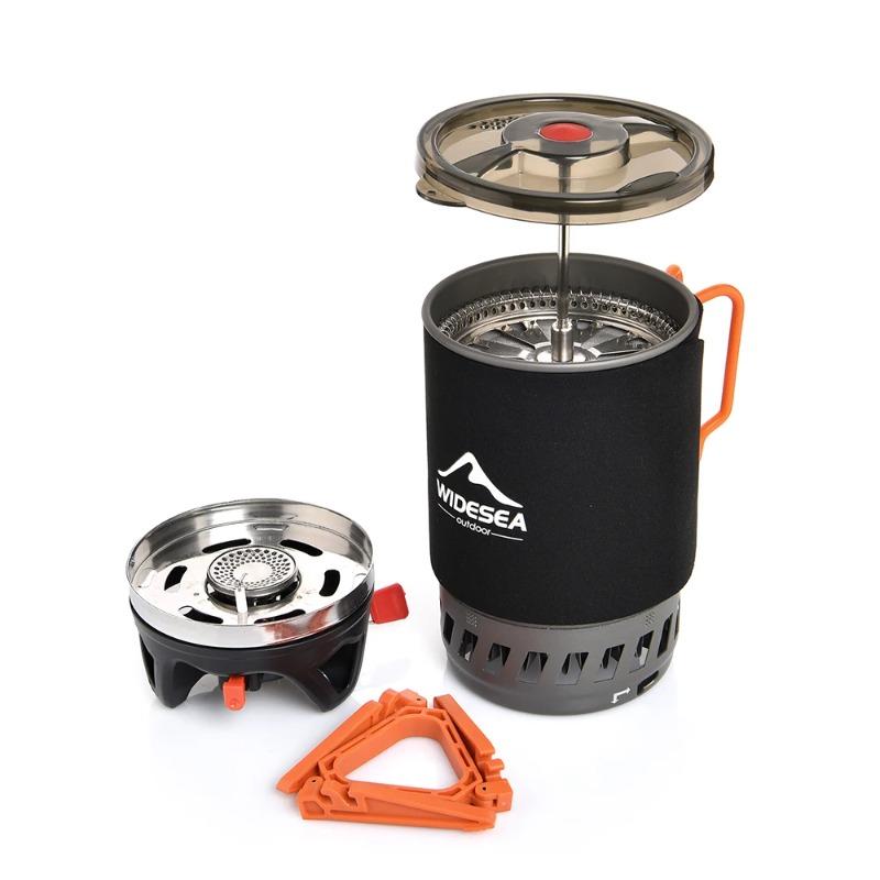 Set Caffettiera Portatile da Campeggio Widesea French Press Caffettiera 0.9L Fornello a Gas 1100BTU con Coperchio Antiscottatura per Esterno Hi