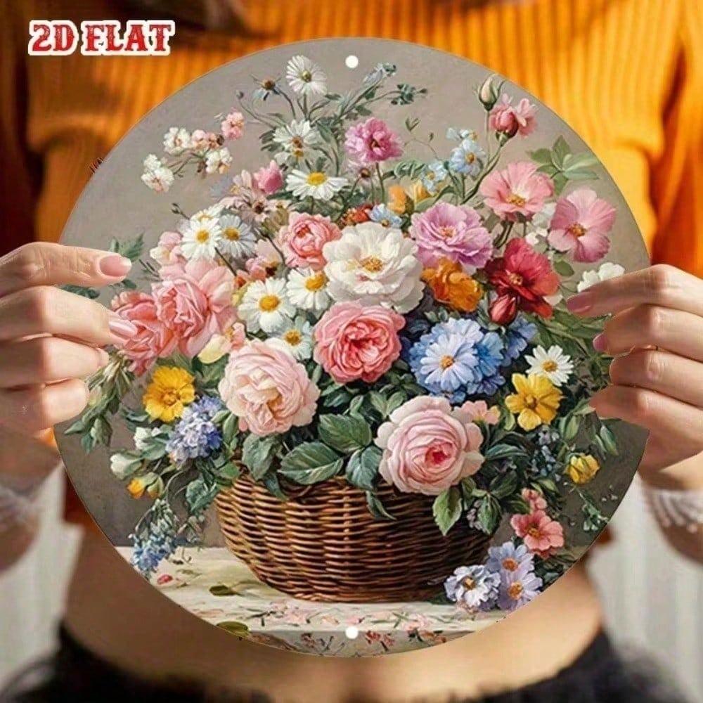 Vintage Round Metal Wall Art, 2D Aluminum Sculpture Floral Home Decor for Living Room