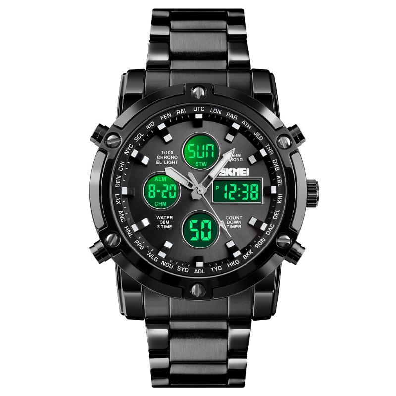 Dual Display Electronic Watch, Multi-function Steel Strap, Large Dial, Three-time Men's Waterproof Watch