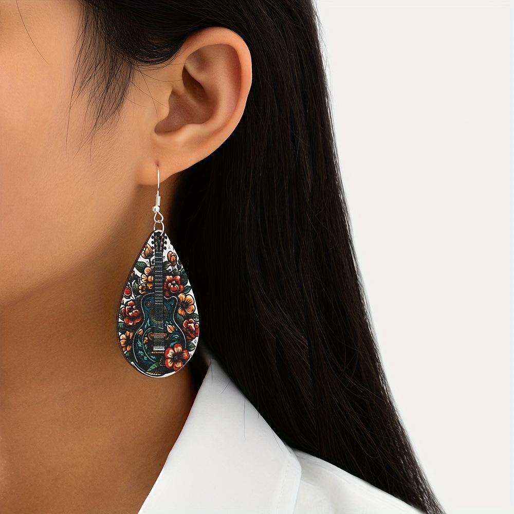 

Personality Trend Painting Oil Painting Wood Earrings Design Forest Guitar Retro Oil Painting Ethnic Women