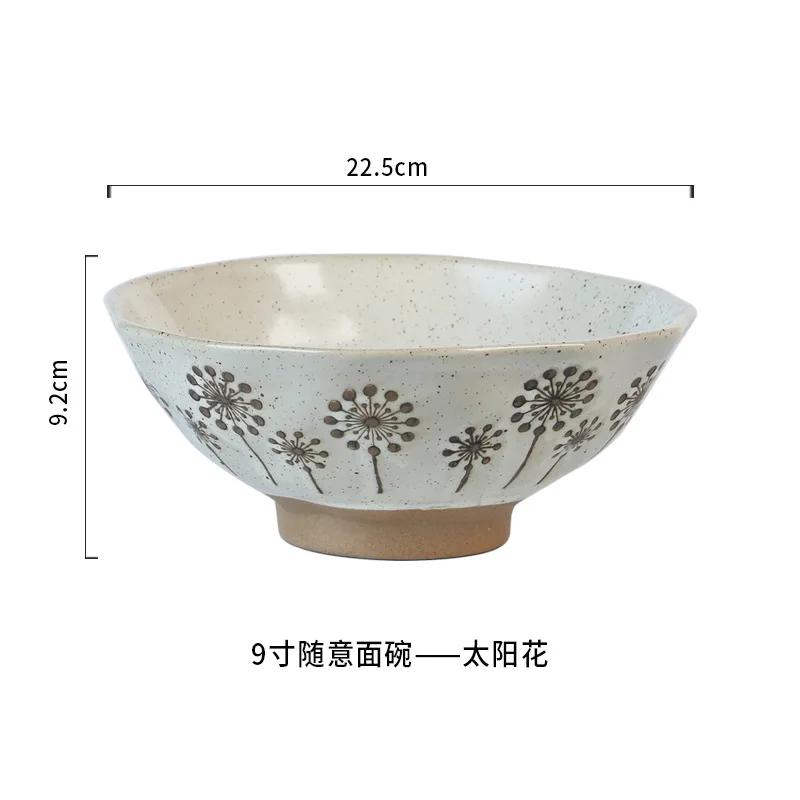 Coarse Pottery Bowl, Retro Ceramic Tableware, Underglaze Colored Noodle Bowl, Lace Soup Bowl, Household Hat Commercial Ramen