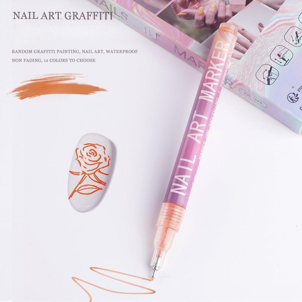 Doodle Pero na nehty 12 barevné Akrylové Barvicí Pero, Barva na Nehty DIY Tečkovací Šicí Pero, Přesné 3D Doodle Pero na Nehty, Sada Pero na Nehty Art, Rychleschnoucí