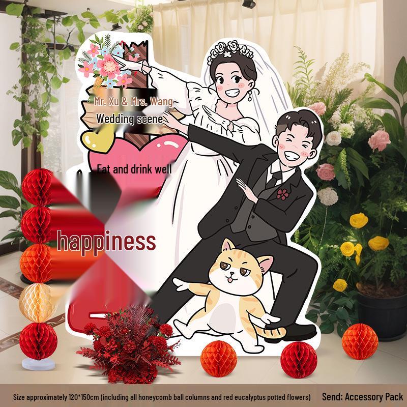 Welcome Sign Wedding Standee: Hand-Painted Cartoon Figure Poster Board for Event Decoration