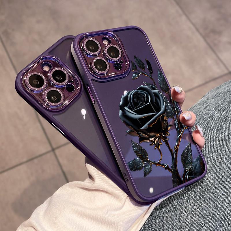 Black Rose flower phone case for iPhone 11 12 13 14 15 16 17 Pro Max case Bling elegant camera protection transparent Cover