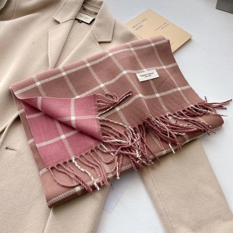Checkered Imitation Cashmere Warm and Tassel Simple and Luxurious Style Scarf for Autumn and Winter