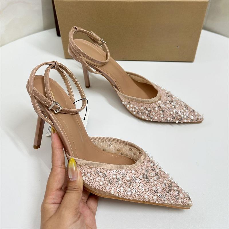 Luxury Pearls Sequined Mesh Women Pumps Sexy Ankle Strap Pointed Toe Wedding Evening Party High Heels Shoes for Ladies