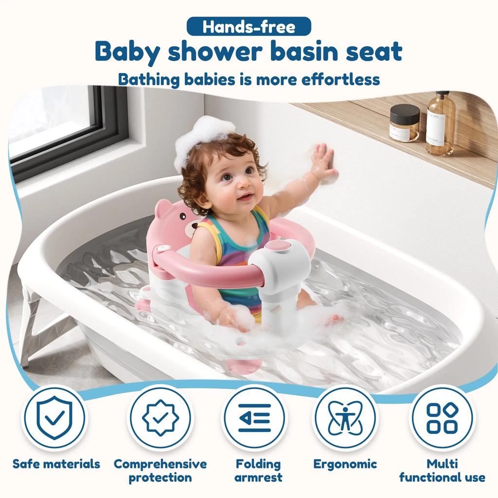 Baby Bath Shower Basin Seat Anti-Slip Infant Bathtub Chair with Armrest Support Ergonomic Shower Stool for Newborns Toddlers