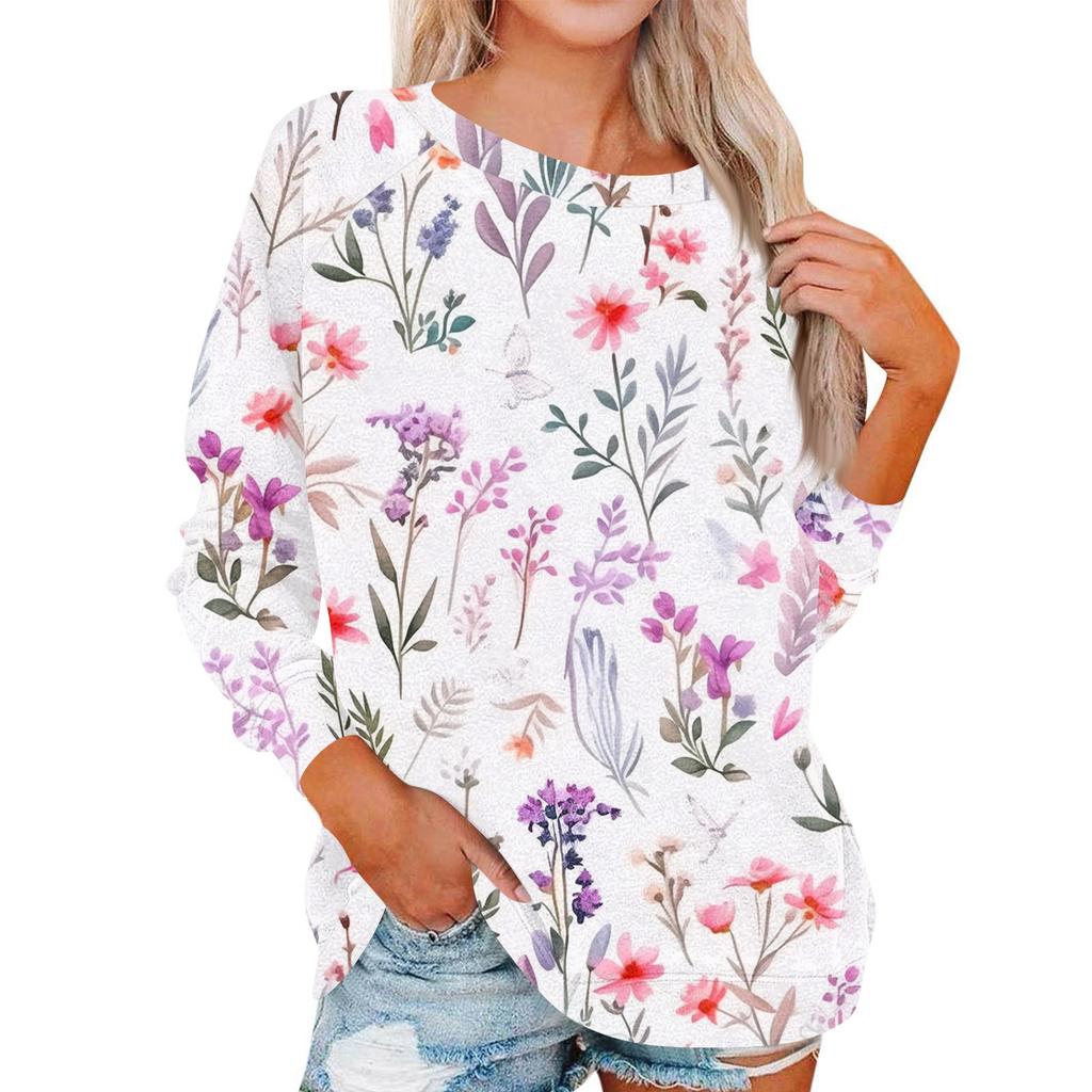 Damen Modisches Rundhals Schulter Langarm Bedrucktes Lässiges Pullover-Oberteil