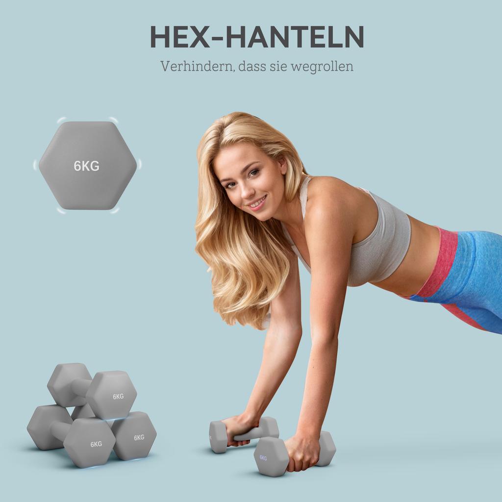 2 X 6kg Hexagonal Dumbbells Weights Set with Non-Slip Grip for Home Gym Workout, Grey