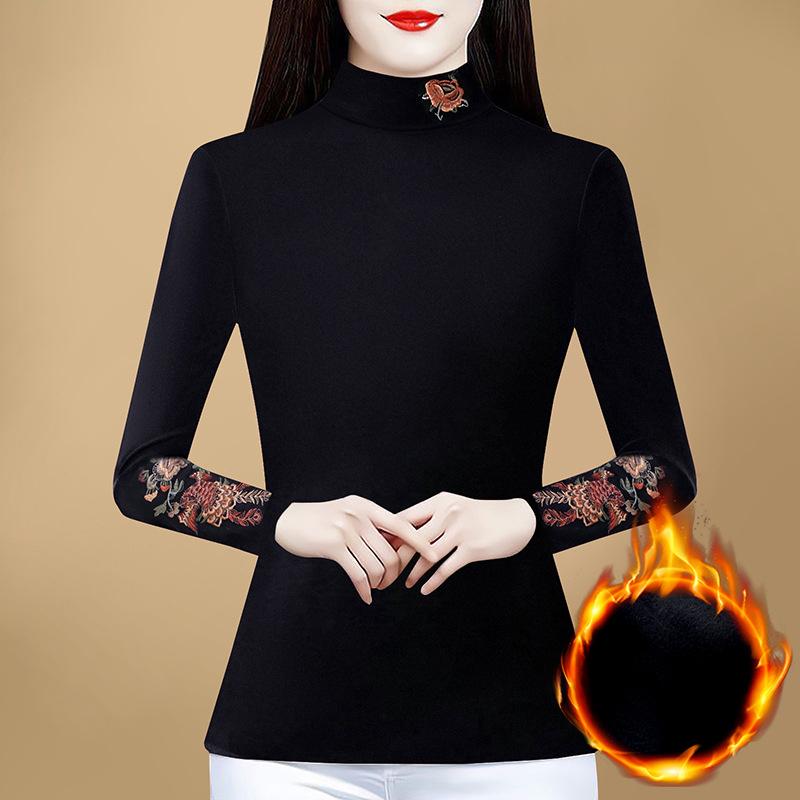 New Winter Casual Pullover Long-sleeved Base T-shirt for Women's Half-high Neck Embroidered Middle-aged Mother's Top