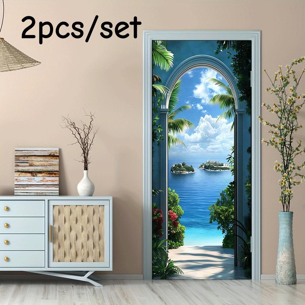 

2pcs Mediterranean style arched door wall stickers, three-dimensional simulation sea view stickers, living room bedroom entrance (as the picture,38.5x200cmx2)