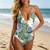 Women Swimsuit Deep V Neck Tropical Floral Print Bathing Suit Adjustable Straps Backless Swimwear for Beach Pool