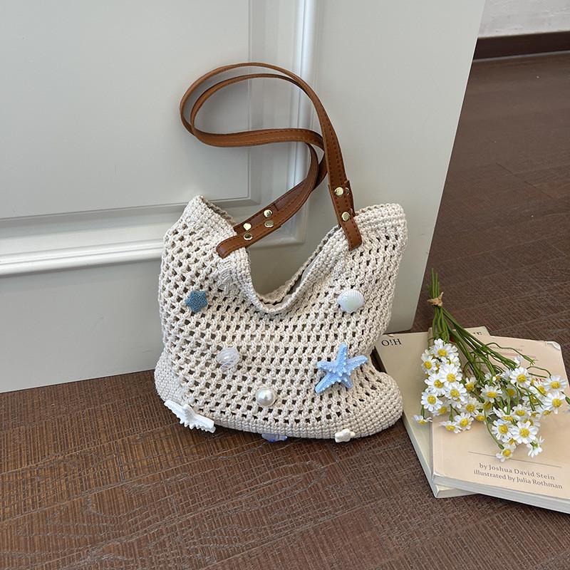 Handwoven Straw Tote Bag With Starfish And Shell Decor For Beach Summer Travel Womens Fashion