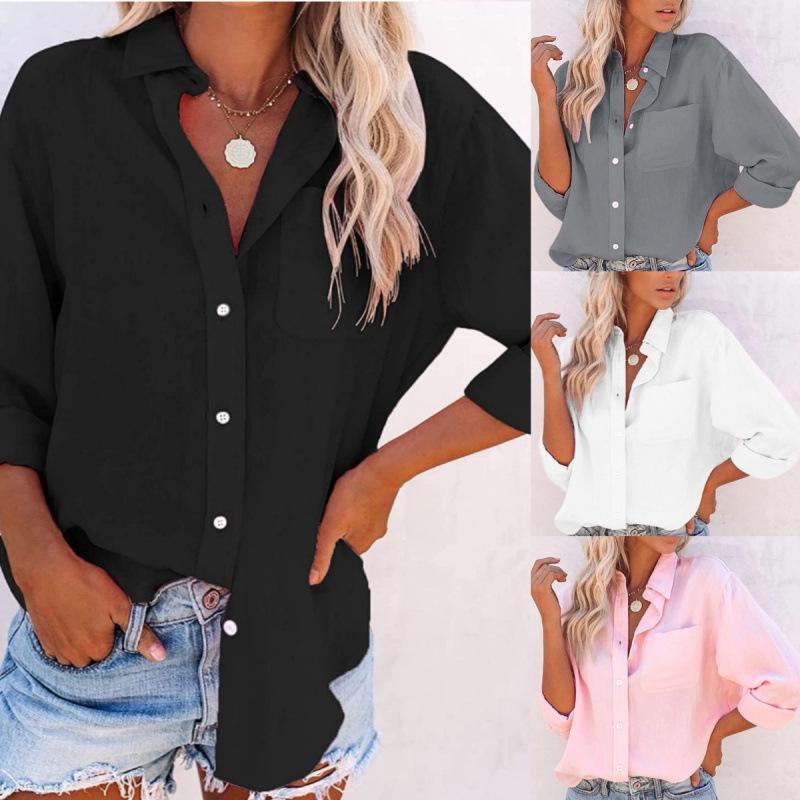 Women s Solid Color Long Sleeve Pocket Shirt Blouse XL