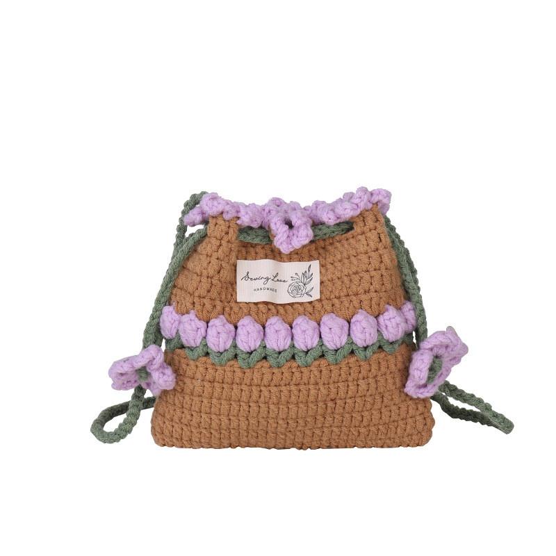 Handgefertigte Wollstrickblume Kordelzugtasche Mini Umhängetasche für den täglichen Gebrauch