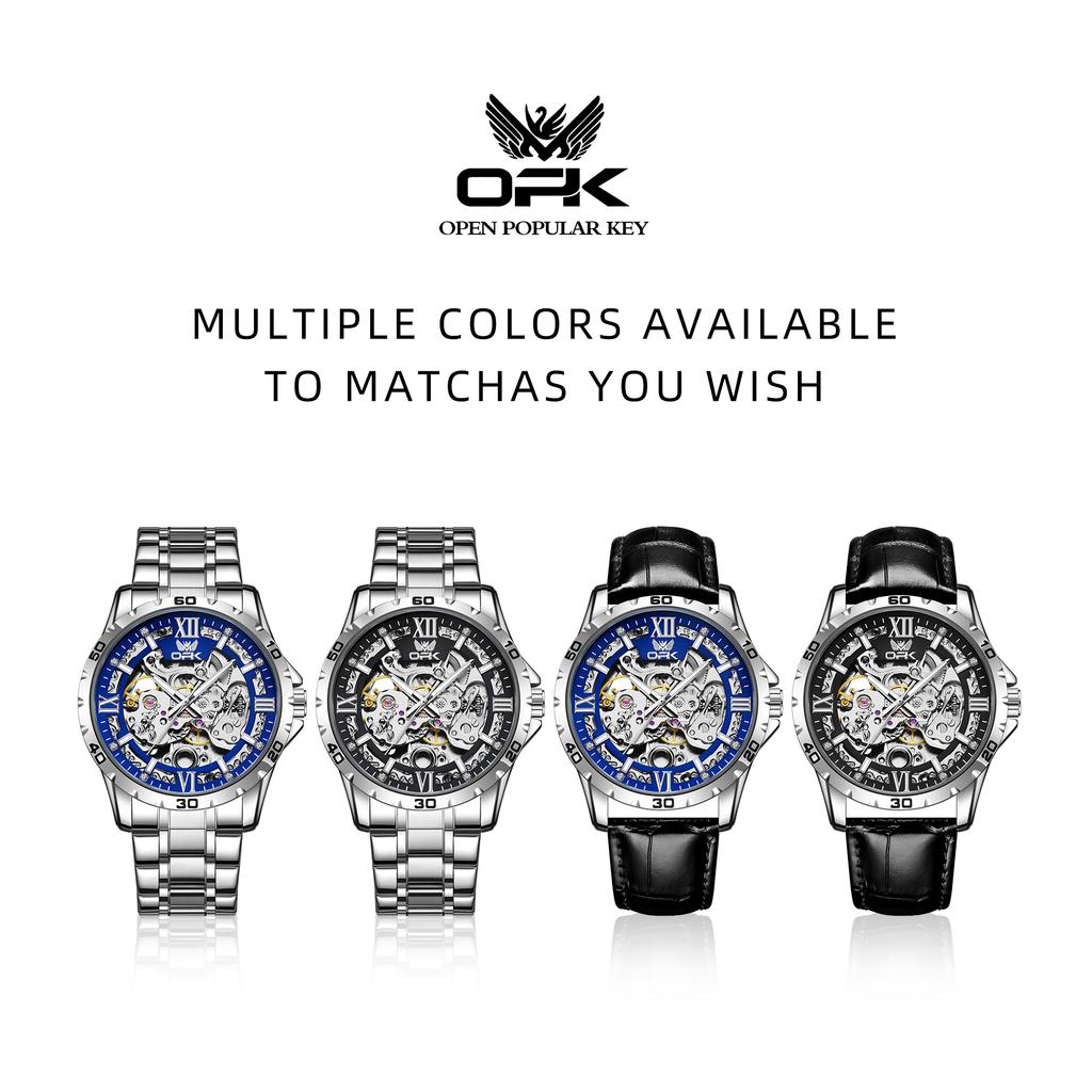 OPK Men's Luminous Waterproof Mechanical Watch Hollowed out See through Dial Stainless Steel Strap 6100