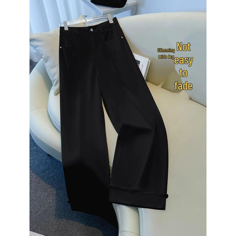 Women's White Wide-Leg Jeans 2025 - High-End Drapey Nine-Point Frayed Edge Straight Leg Trousers for Spring and Autumn