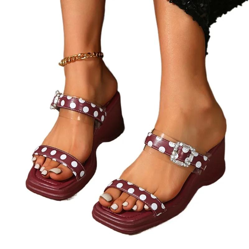 

Fashion 2025 High Quality Summer New Wedges Women s Slipper Elegant Modern Dress Sandals Women with Polka Dot Buckle Platform Slippers 40