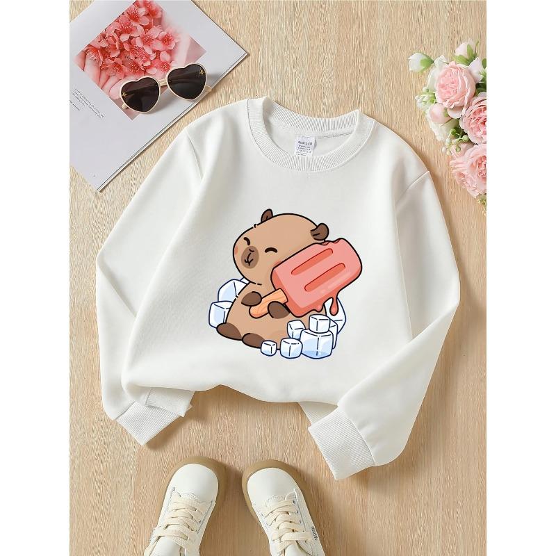 European sizes Kids Crewneck Sweatshirt | Cute Bear Eating Ice Pop, , Sportswear and Casual Wear, Soft and Comfortable, Clothing, Teenagers 110 белый