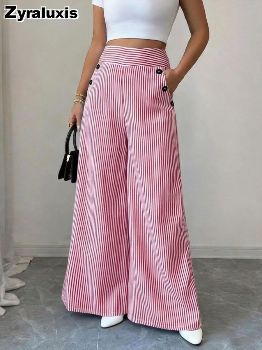 High Waist Vertical Striped Wide Leg Pants Women Summer Thin Loose Draping Slimming Casual Long Trousers S красный