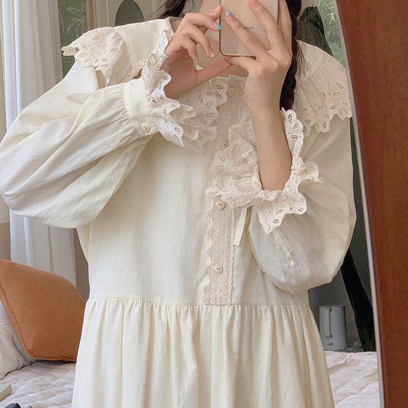 Mori Style Women's Apricot Lace-Trim Long Sleeve Dress