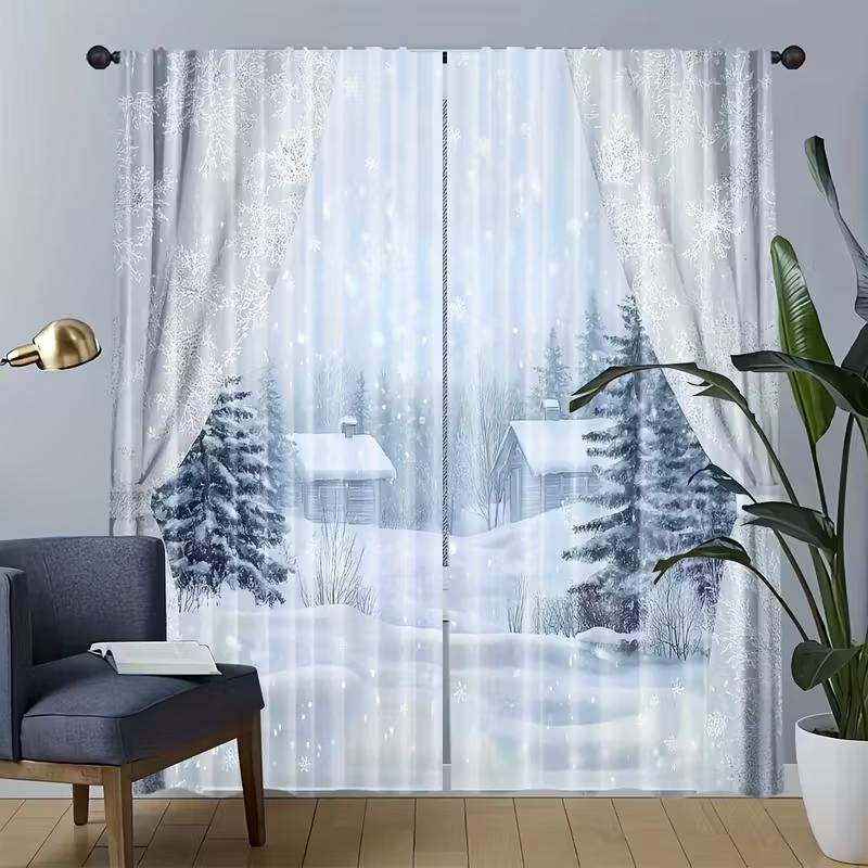 Set Of 2 Snowflake Winter Cabin Curtains Sheer Polyester Christmas Holiday Cozy Window Decor Living Room Bedroom Curtain With Perfect For Area