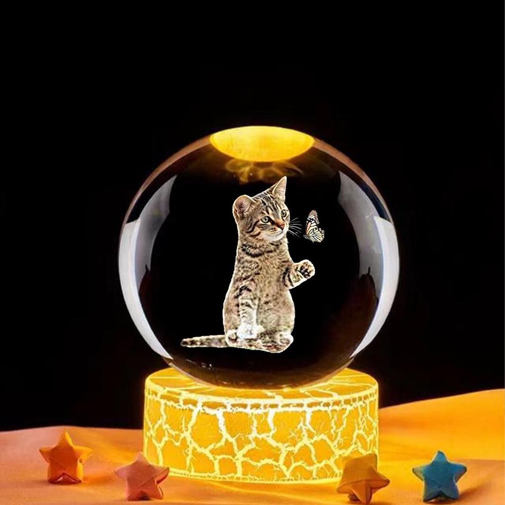Ornament Sferă de Cristal Luminoasă Pisică Lumină de Noapte Sculptată 3D Cadou de Festival