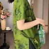 2025 summer models, summer beautiful outer with short sleeves, large size temperament, green printed T-shirt, top women