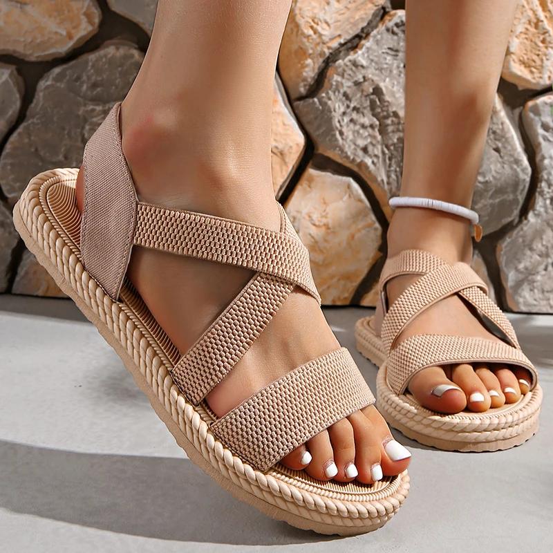 Fashion Summer New Flats Sole Women Sandals Fashion Cross Band Plus Size 43 Beach Sandels 2025 Hot Seller Ladies Vacation Zapatillas