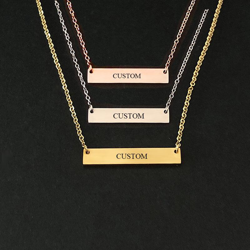 Engraving Personalized Square Bar Custom Necklace Stainless Steel Pendant Necklace Gold 3 Colors Women/Men Custom Gift
