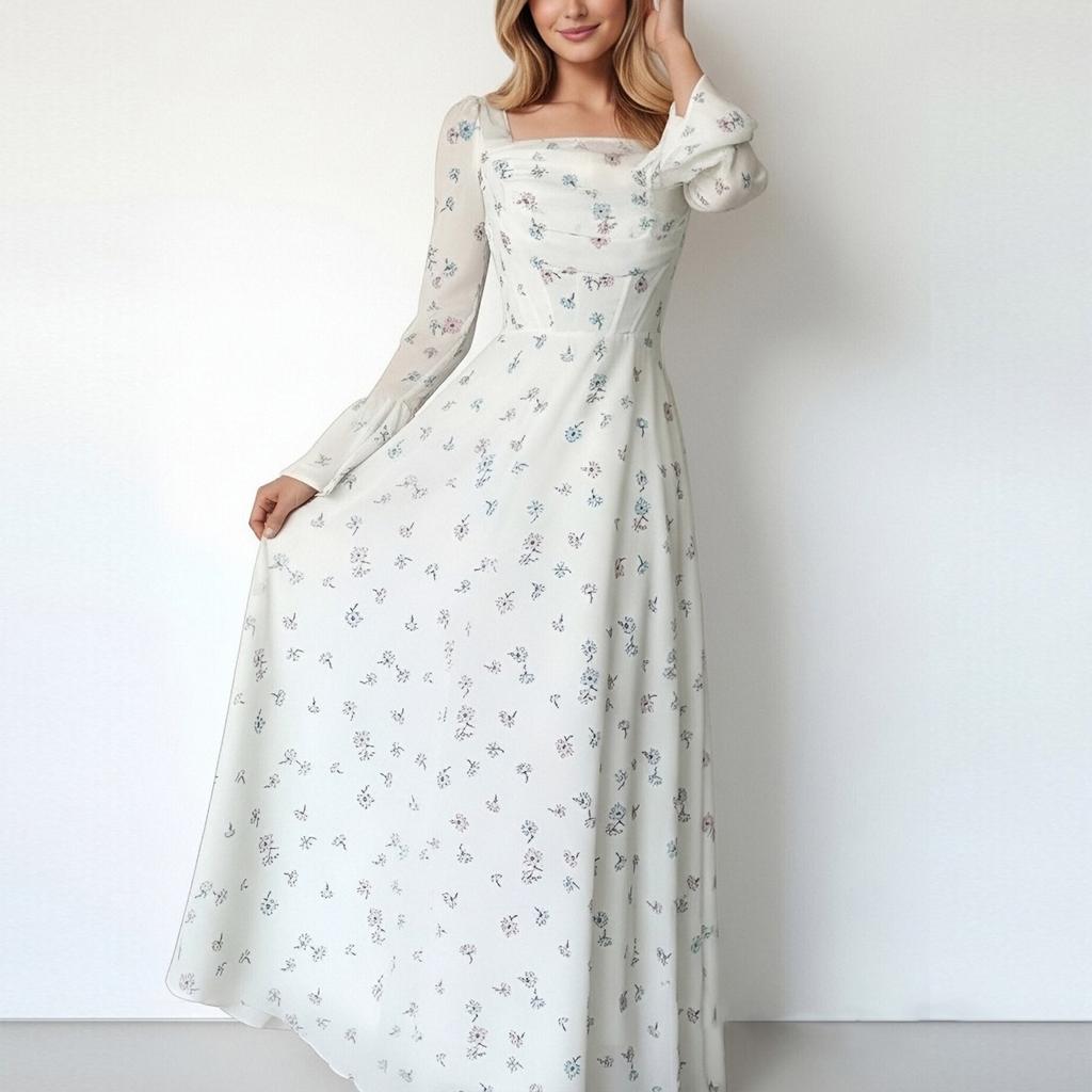 European and American women's clothing, new spring models, elegant floral pleated waist flared sleeve dress