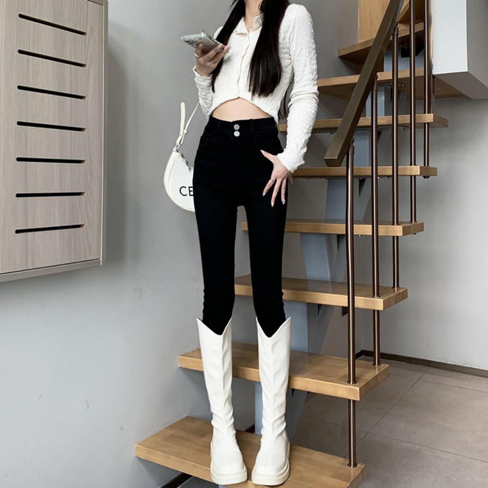 

Женские джинсы скинни 2025 новые популярные эластичные и тонкие с высокой посадкой узкие джинсы-карандаш универсальны 32 чёрный