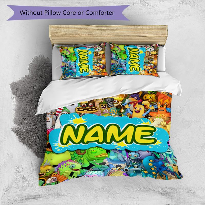 3pcs Custom Name Cartoon My Singing Monsters Bedding Set Duvet Cover Closure Includes 1 Duvet Cover & 2 Pillowcases for All Seasons Bedroom Decor