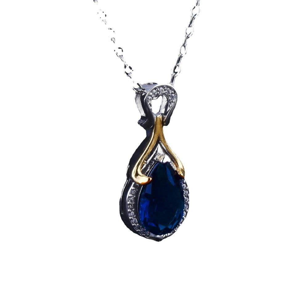 Mermaid Tears Pendant Necklace Dual Tone Plating Blue Sapphire Gemstone Jewelry for Women