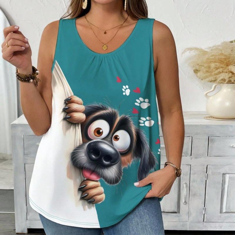 Daily Casual Crew-neck Printed Comfortable Women's Top, Sleeveless T-shirt, Tank Top