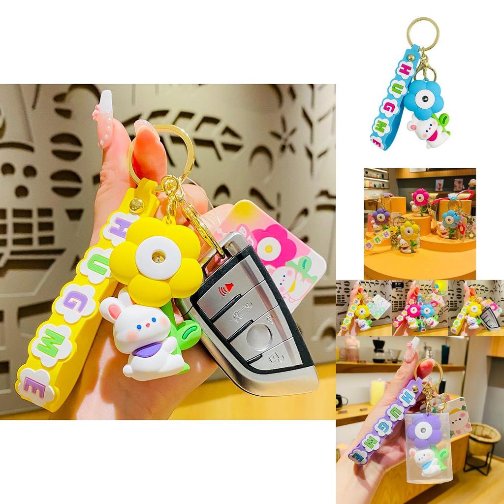 Adorable Rabbit Flower Night Light Keychain Cute Cartoon Bag Charm Couple Gift